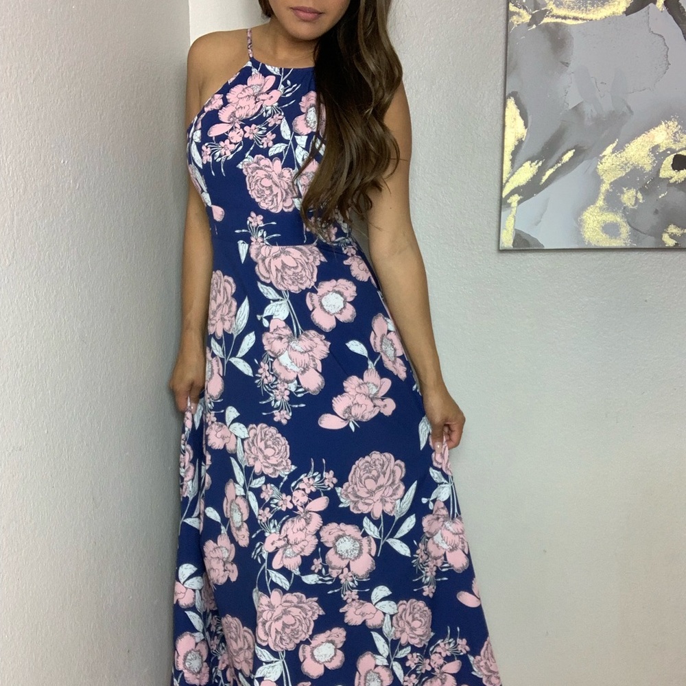 Navy and Pink Floral Maxi Dress